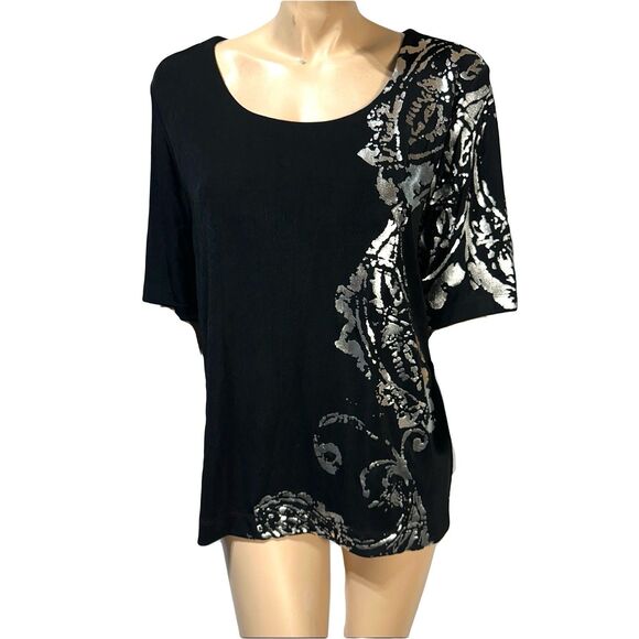 Chico's Tops - Chicos Travelers 3 Slinky Belinda Top Black Silver Liquid Knit Women US XL NWT